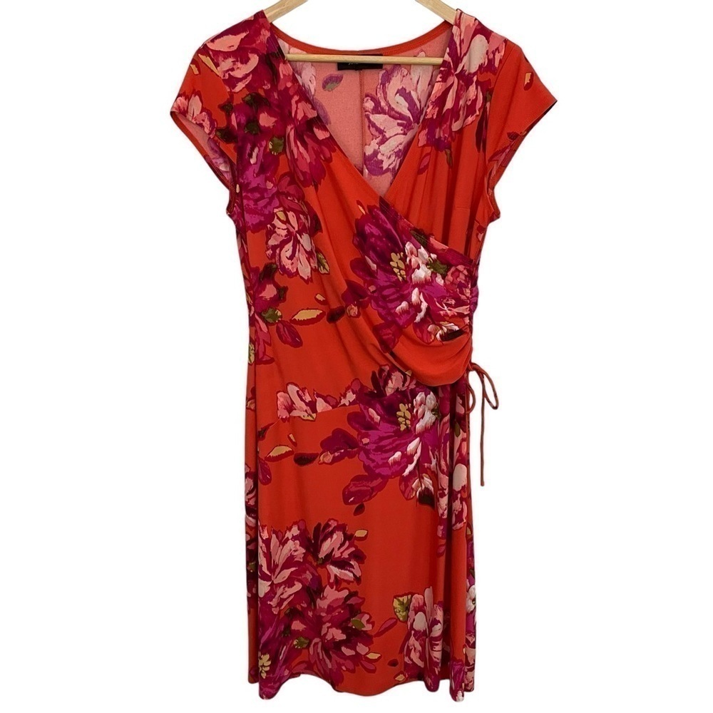 Jones&Co Floral Wrap Dress Womens S Red Pink Tropical Vacation Spring Cocktail